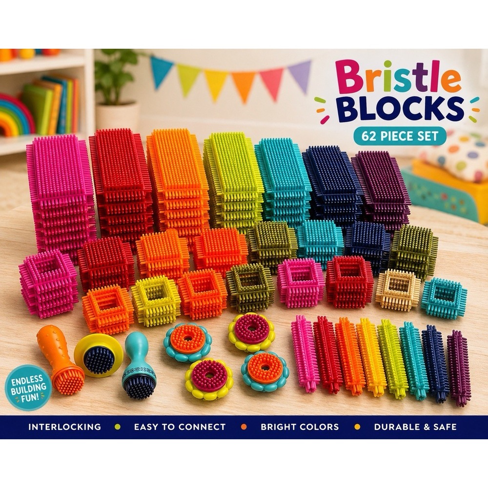 Bristle Blocks 62 Piece Building Toy Lot Colorful Assorted Shapes Wheels